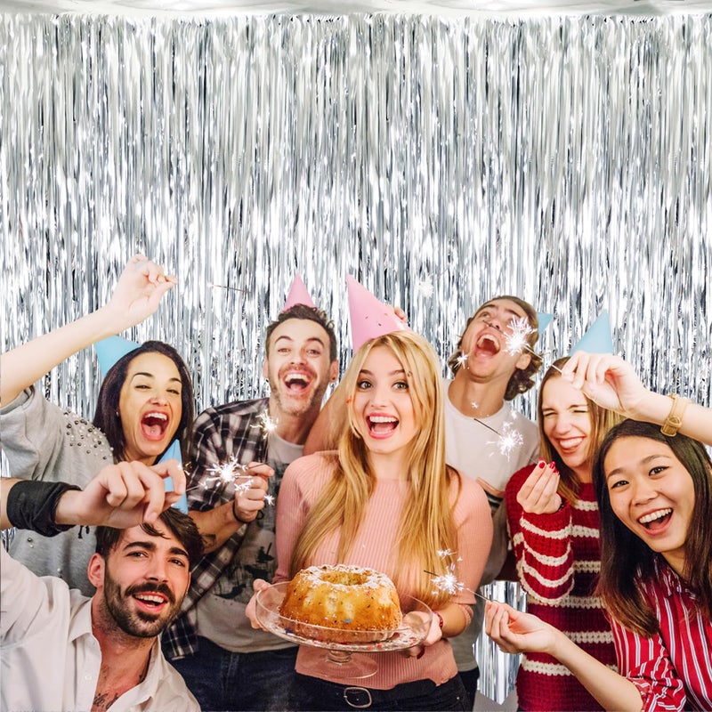 GOER 3.2 ft x 8.2 ft Metallic Tinsel Foil Fringe Curtains Party Photo Backdrop Party Streamers for Birthday,Graduation,New Year Eve Decorations Wedding Decor (Silver,3 pcs) - Image 3